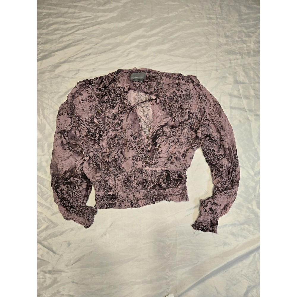 Anthropologie Sheer Smocked Blouse Peasant Top Shirt Purple‎ XS Floral Ruffles